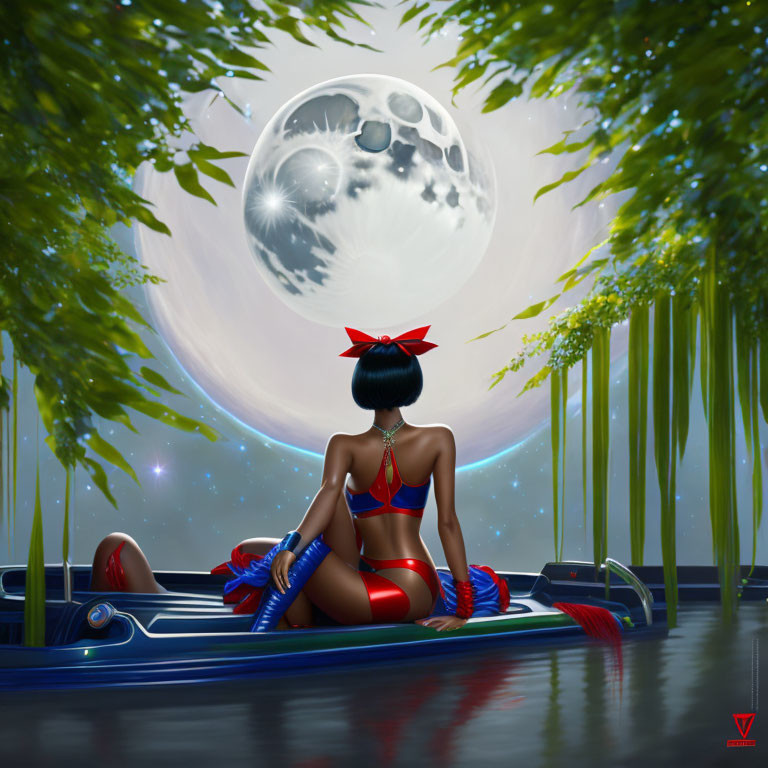 Futuristic figure in red and blue outfit under moon on bamboo platform