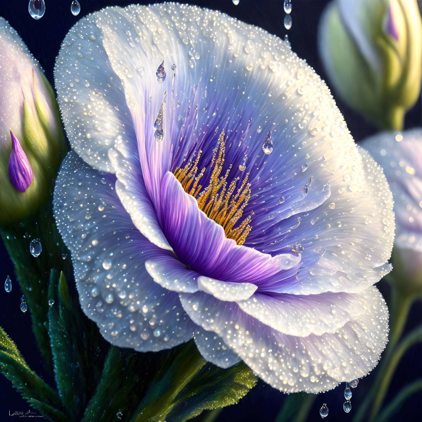 Close-up of Purple and White Flower with Water Droplets on Petals