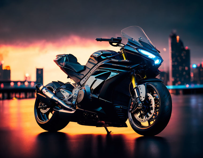 Black Sports Motorcycle with Blue LED Lights Against Evening Cityscape