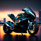 Black Sports Motorcycle with Blue LED Lights Against Evening Cityscape