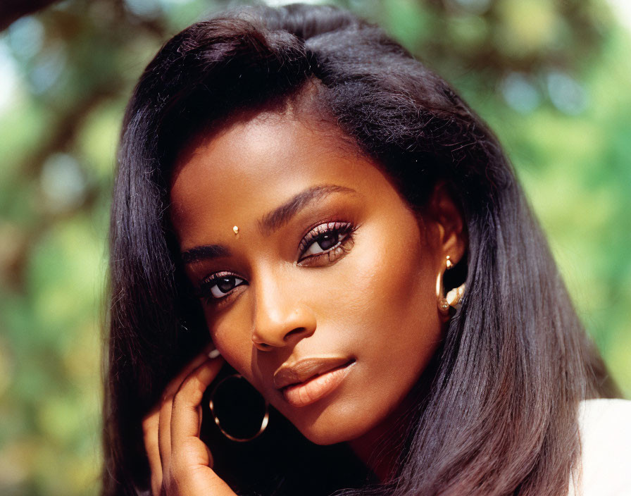 Portrait of woman with dark hair, striking eyes, and beauty mark wearing hoop earrings.