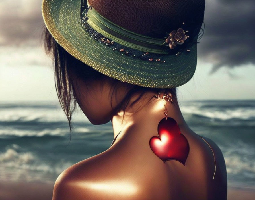 Woman in hat and heart earring by ocean shore