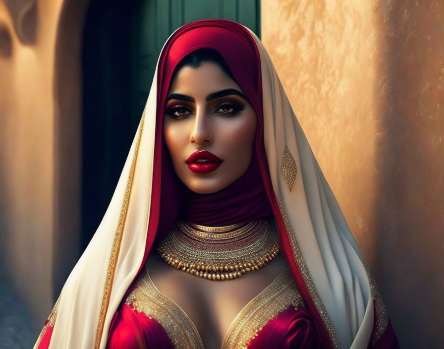 Digital artwork: Woman in red hijab with gold jewelry on warm background