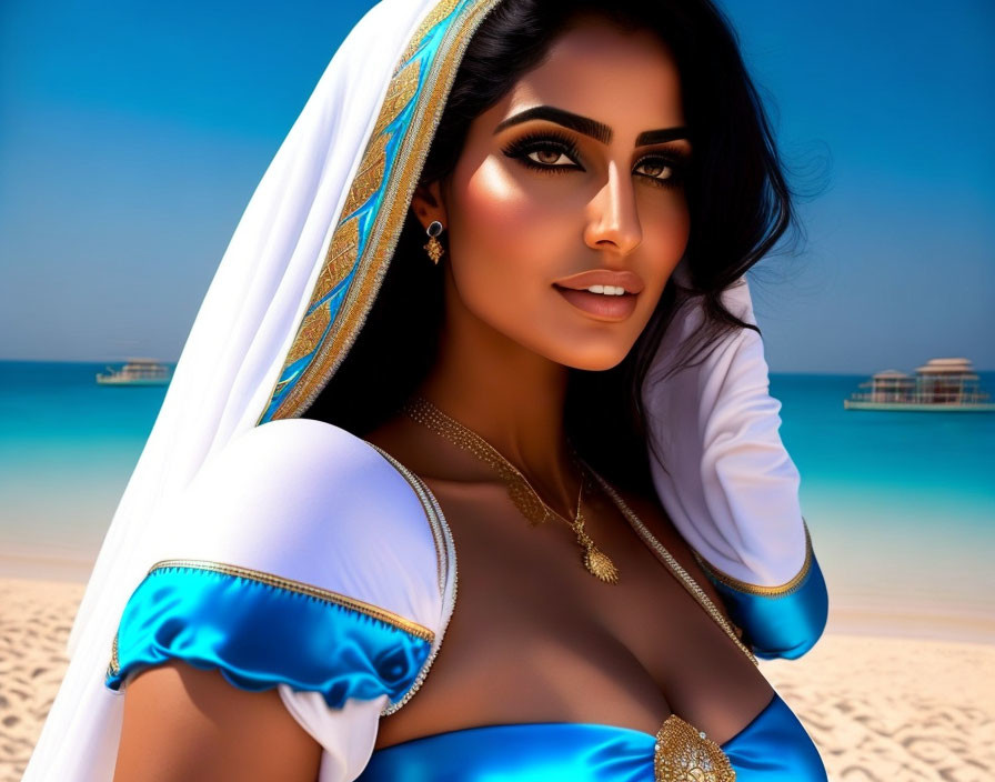 Woman in vivid makeup and traditional attire on sandy beach with blue and gold headscarf.