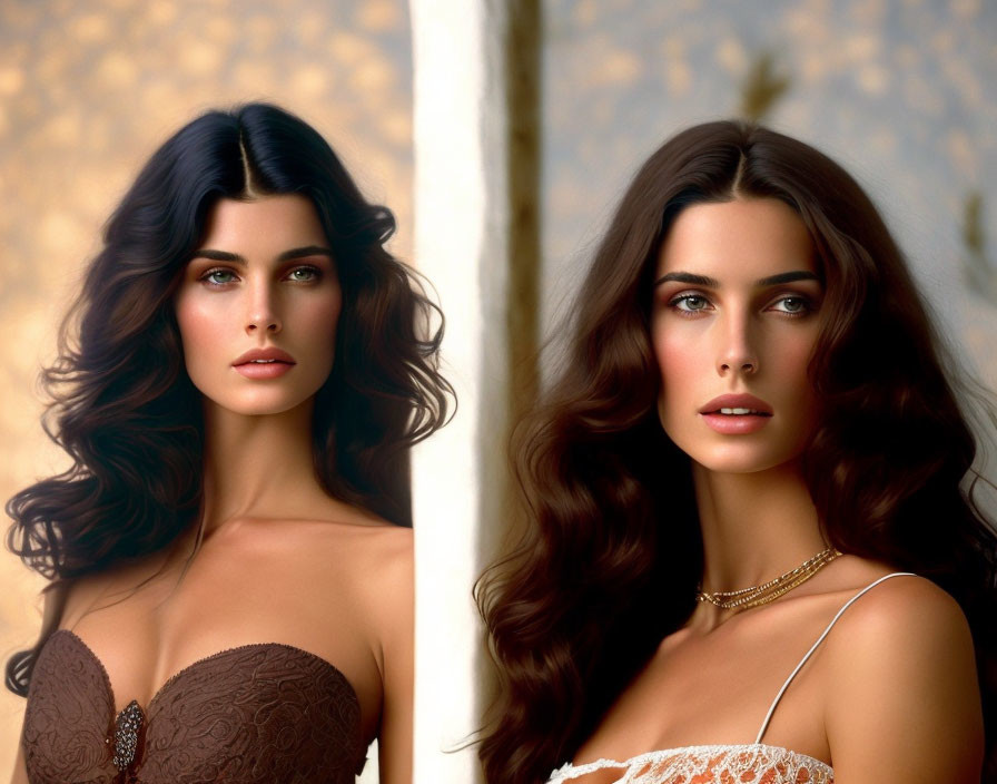 Split image of woman with flowing brunette hair and striking eyes in warm indoor and cool natural light