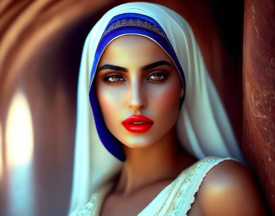 Woman with striking makeup in white headscarf against warm toned background