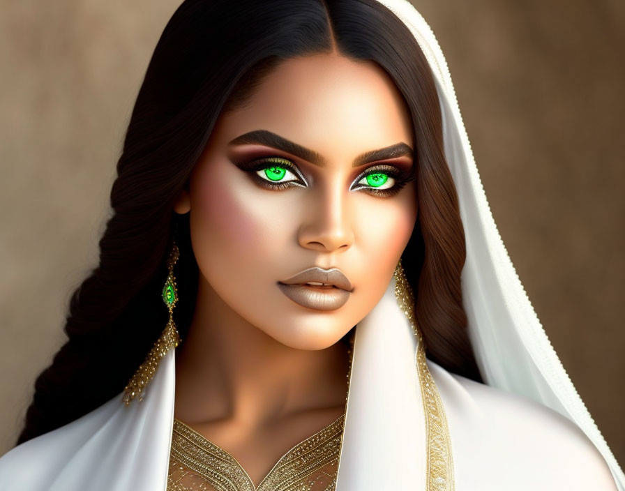 Illustration of woman with green eyes, dark hair, white garment, golden embroidery, earrings