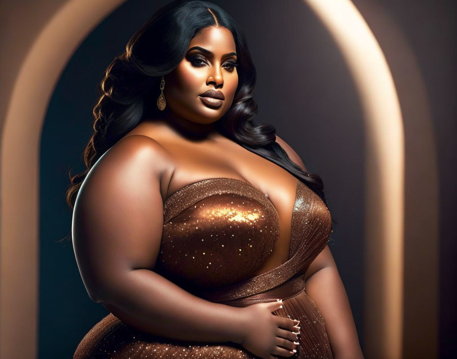 Plus-Size Woman in Glittery Brown Dress Poses with Hand on Hip