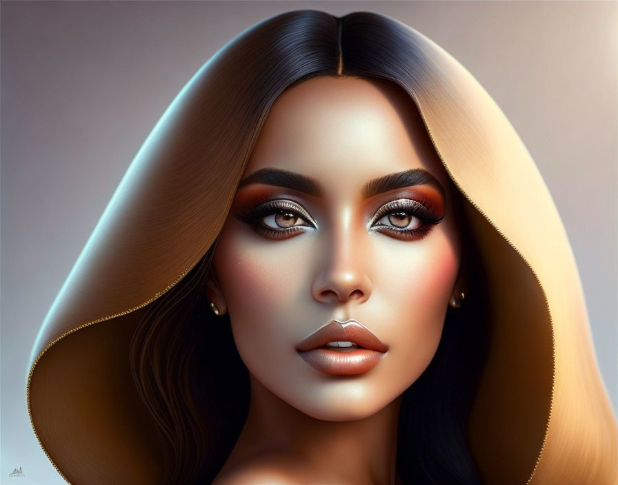 Realistic digital portrait of a woman with warm makeup and dark hair