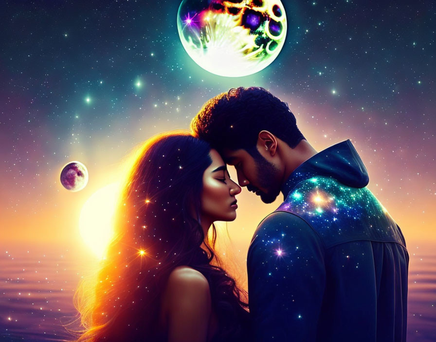 Digital Artwork: Couple Embracing in Cosmic Setting