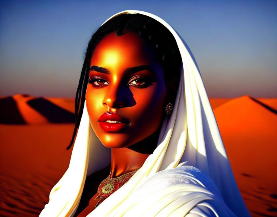 Dark-haired woman in white garment amid golden sand dunes at dusk