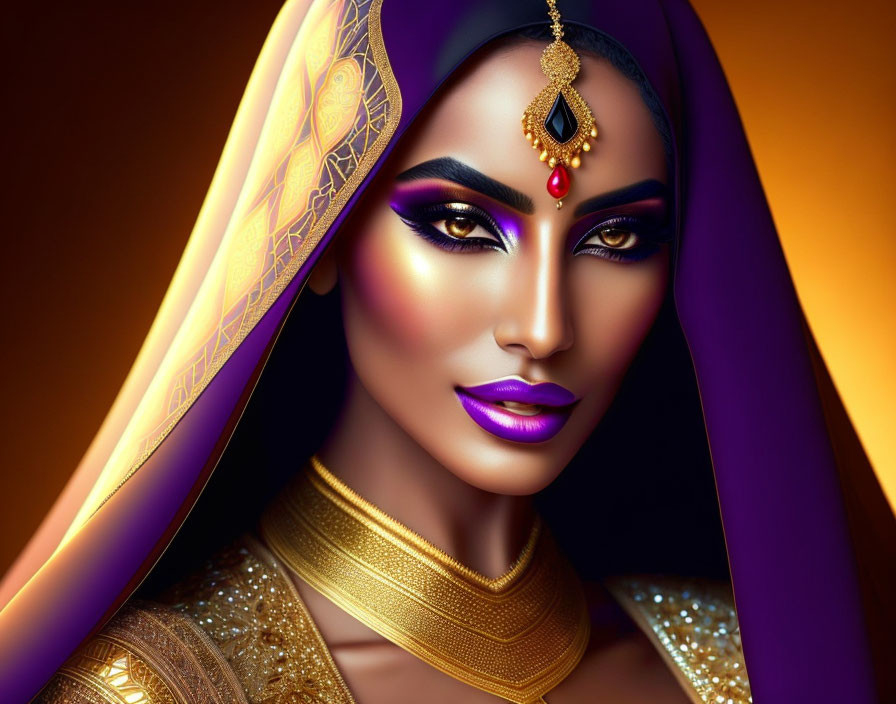 Portrait of a woman with purple headscarf and bold makeup in golden setting