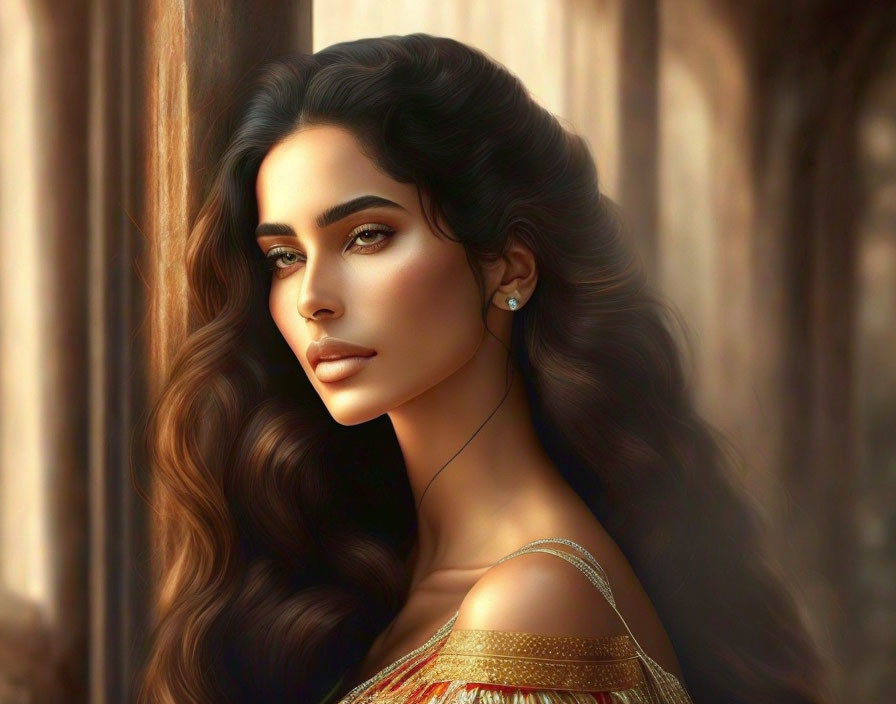 Digital Artwork: Woman with Flowing Dark Hair and Delicate Jewelry