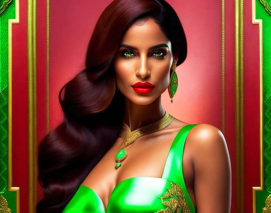 Detailed illustration of woman with long wavy hair, green eye makeup, and earrings in green dress on