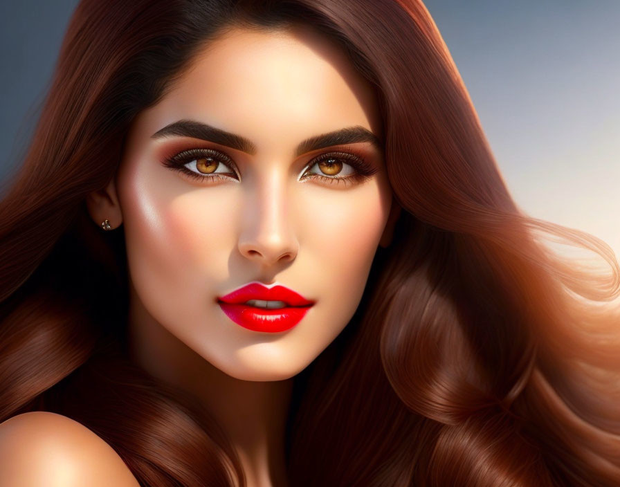 Digital portrait: Woman with flowing brown hair, amber eyes, flawless skin, red lipstick