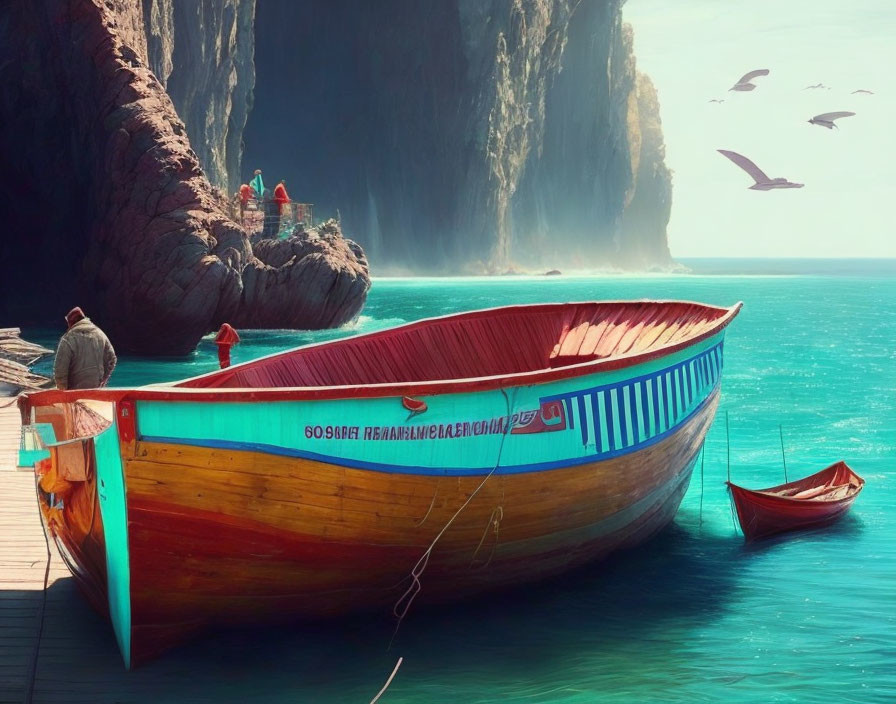 Vibrant boat on calm turquoise bay with cliffs and lounging people