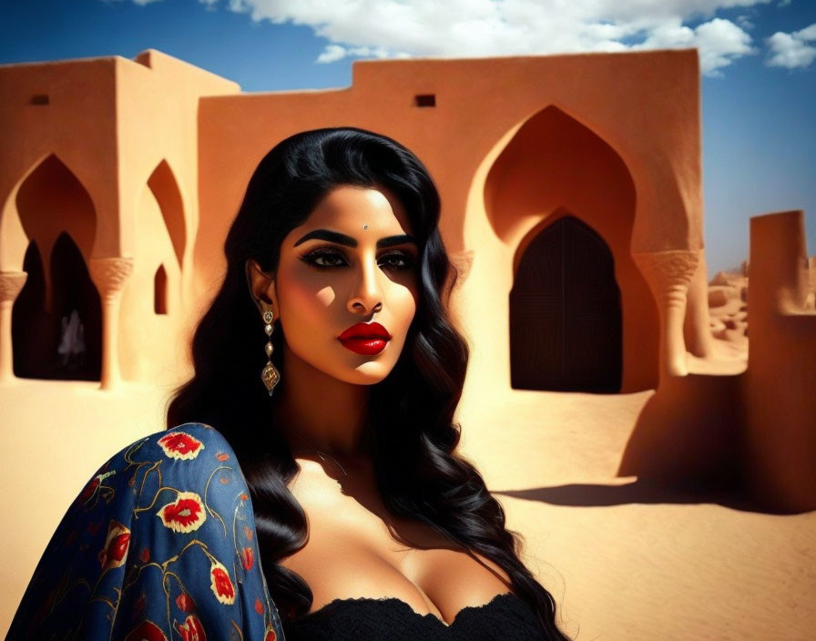 Woman with dark hair in striking makeup against desert backdrop.