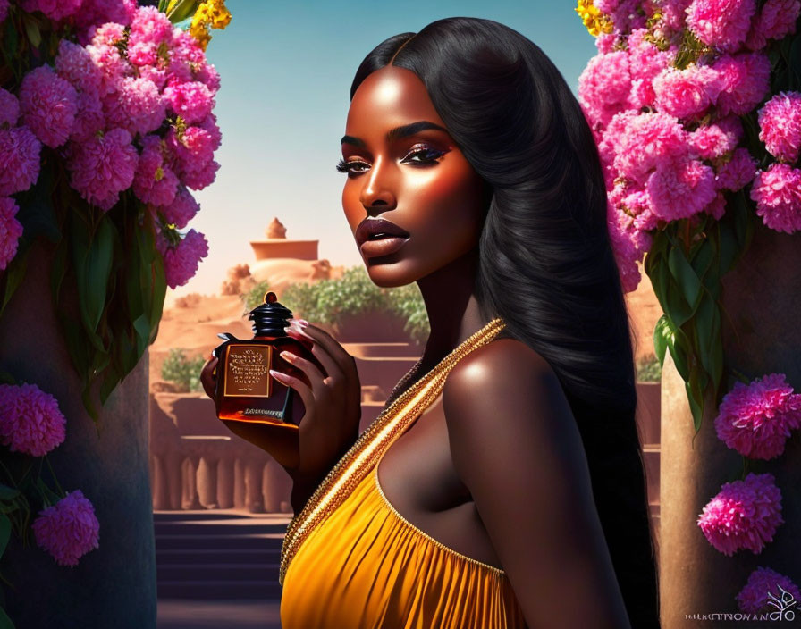 Digital artwork: Woman with perfume bottle in golden attire, surrounded by pink flowers and desert landscape