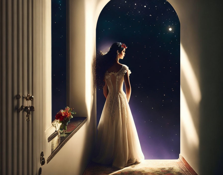 Elegant woman in gown gazes at starry night through arched doorway