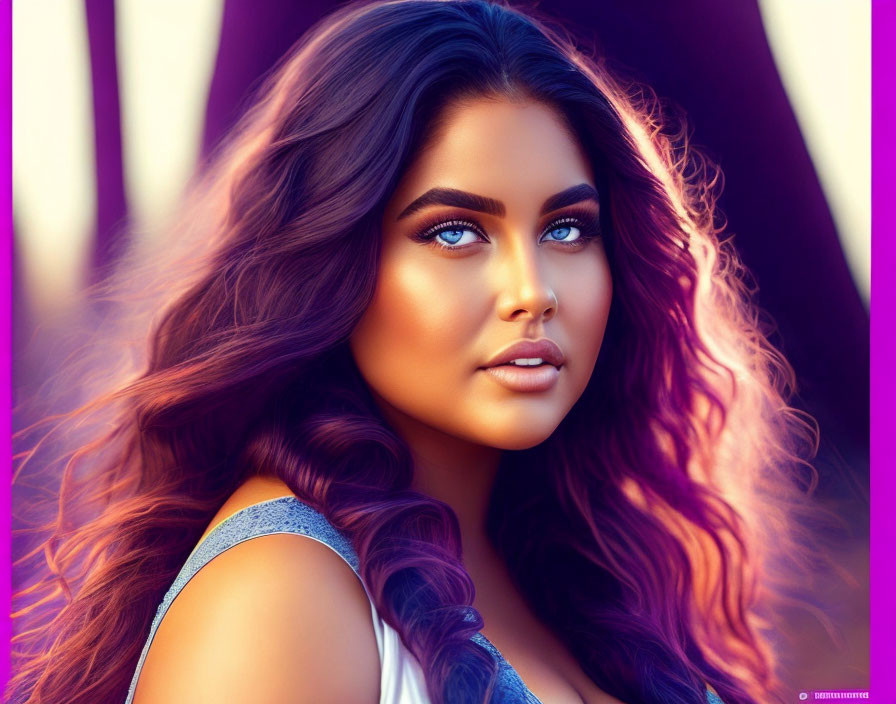 Vivid illustration of woman with voluminous hair and blue eyes on purple background