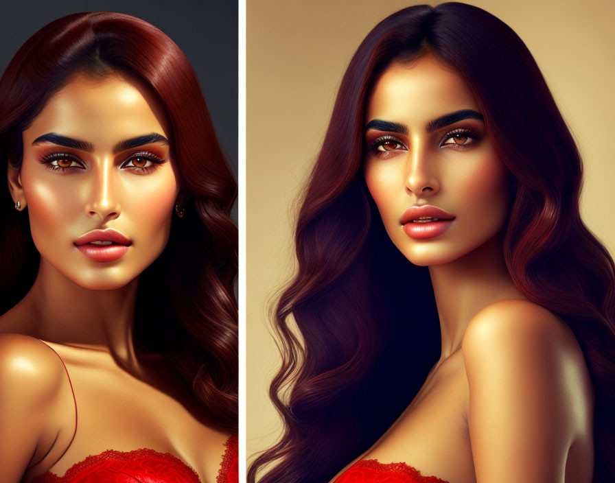 Digital Art Portrait of Woman with Dark Hair and Brown Eyes in Red Attire