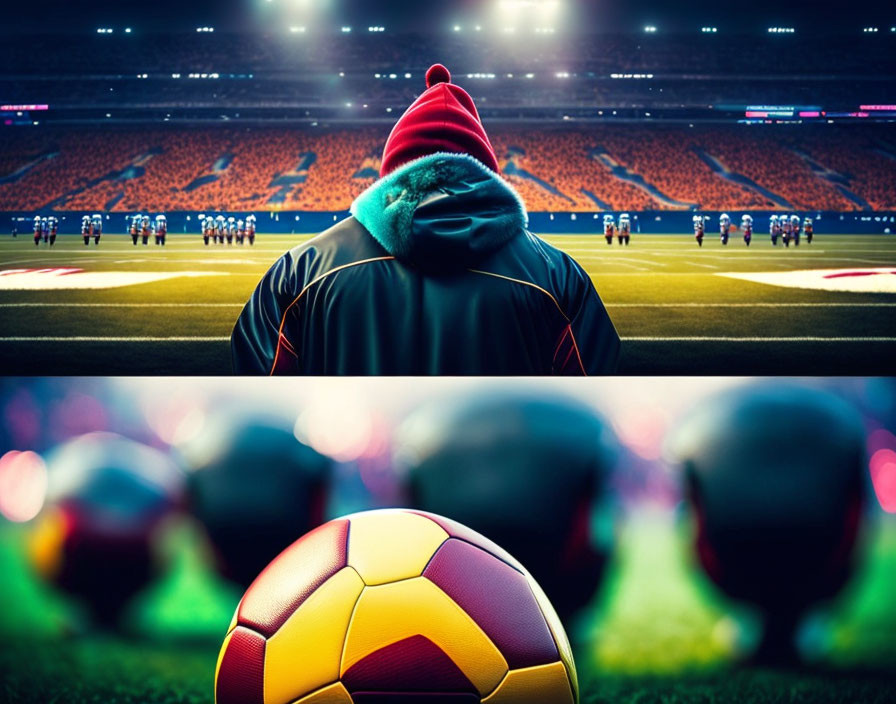 Soccer fan in red beanie with blurred field, players, and colorful soccer balls