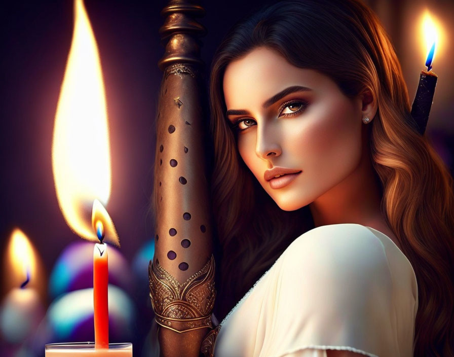 Striking woman beside lit bronze candlestick in warm candlelight