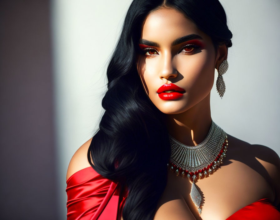 Woman in Red Off-Shoulder Dress with Bold Makeup