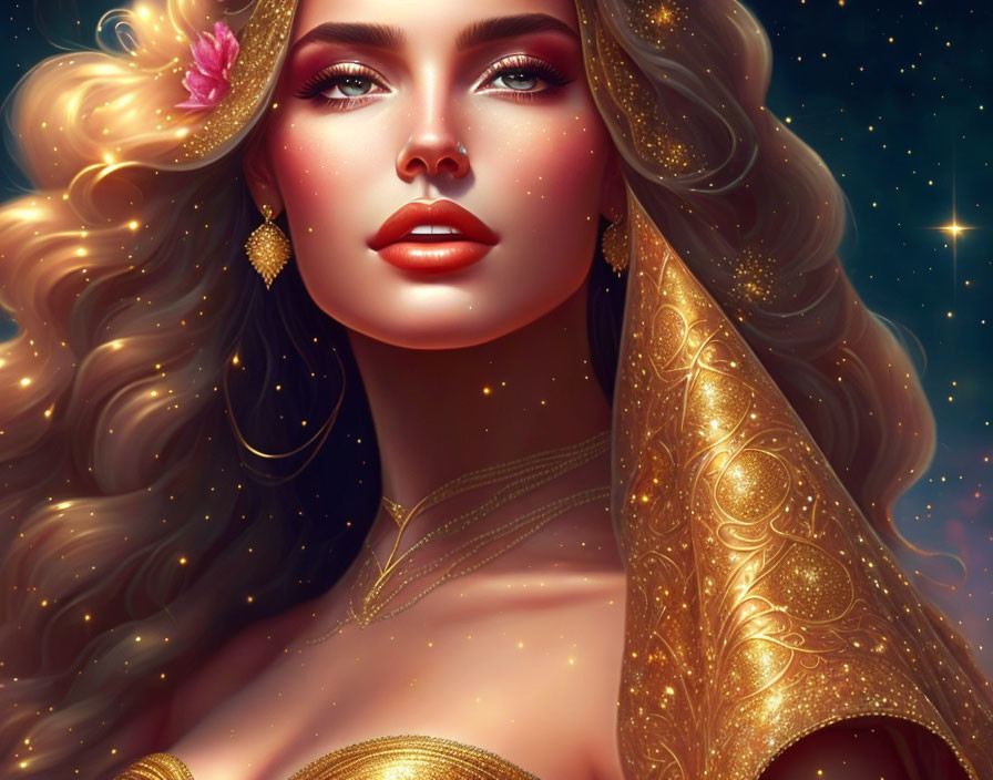 Digital artwork: Woman with long wavy hair, glowing skin, and golden jewelry on starry sky