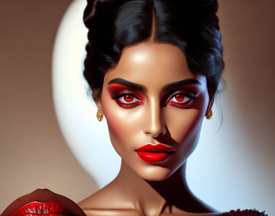 Digital Artwork: Woman with Striking Makeup in Red and Gold