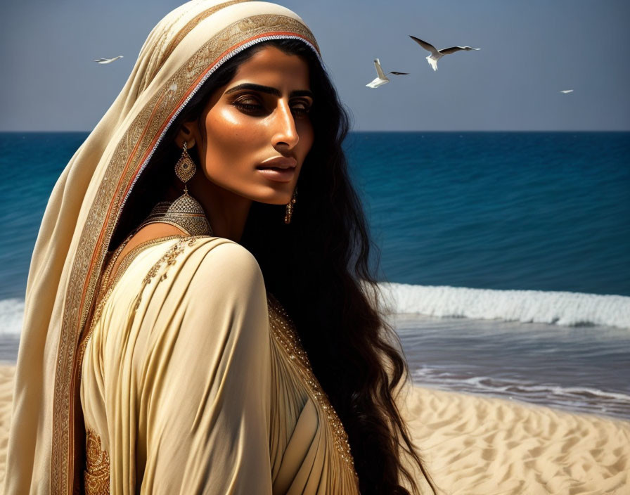 Traditional Attire Woman on Beach with Seagulls