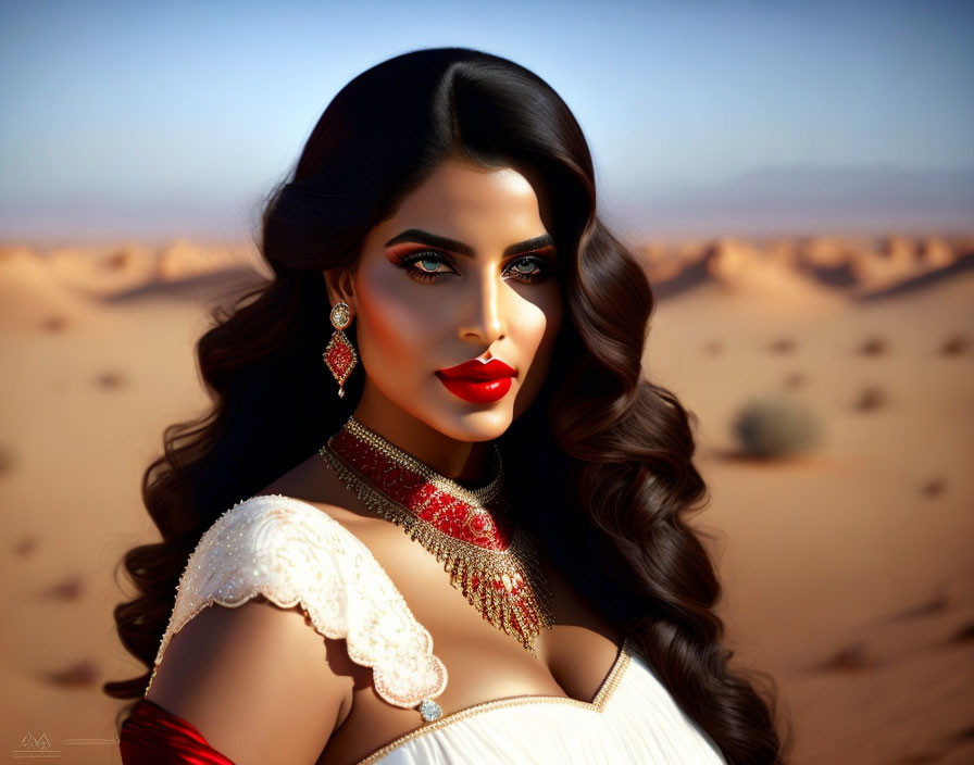 Digital artwork of woman with red lipstick and wavy hair in desert scene