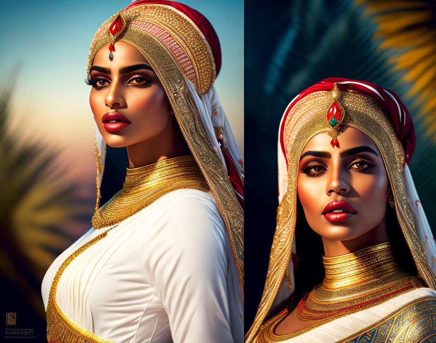 Digital illustration of woman in Indian attire with striking makeup and gold jewelry against sunset.