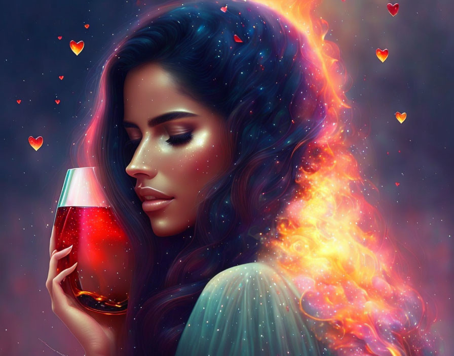 Vibrant digital artwork: Woman with fiery hair holding glass among floating hearts