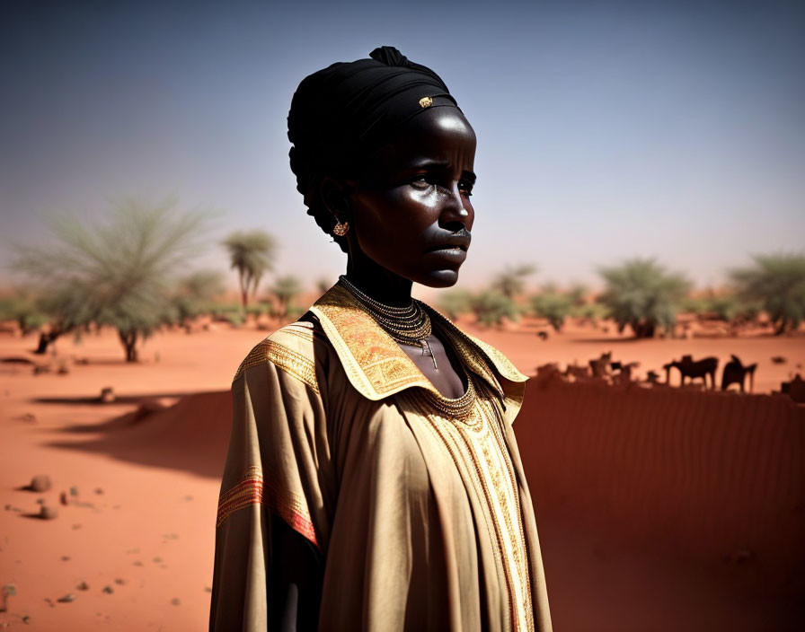 Traditional attire woman in desert with herd of animals and clear sky