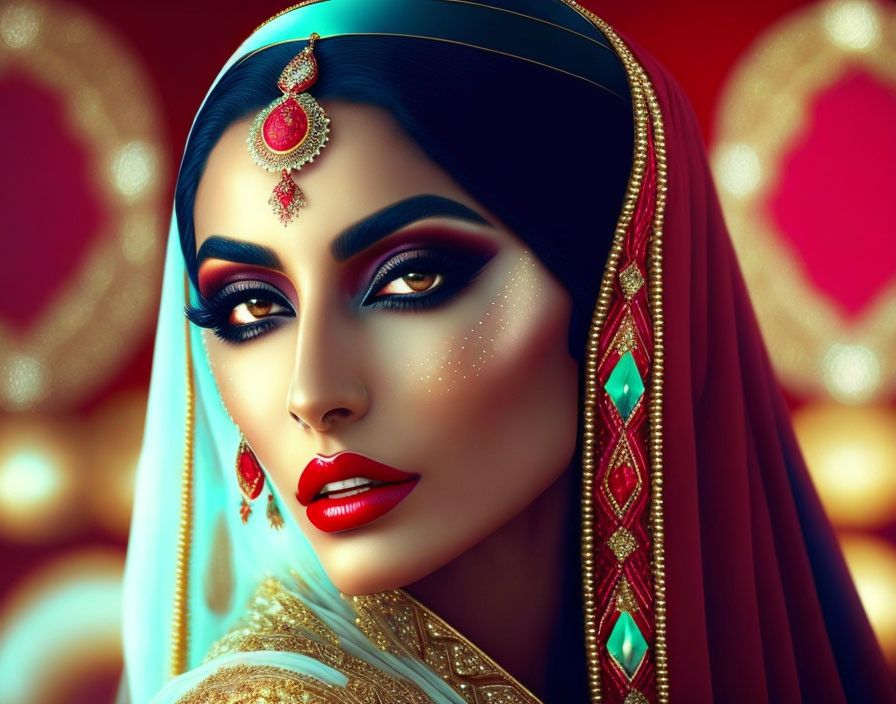 Illustrated portrait of woman in South Asian bridal attire with statement jewelry