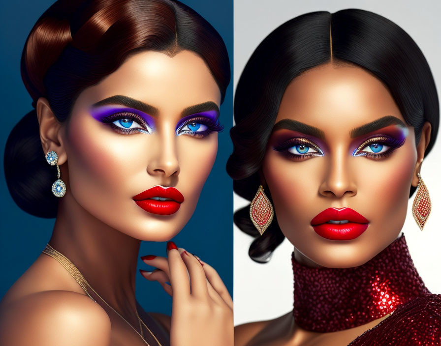 Vibrant digital artwork of two women with bold makeup and elegant hairstyles