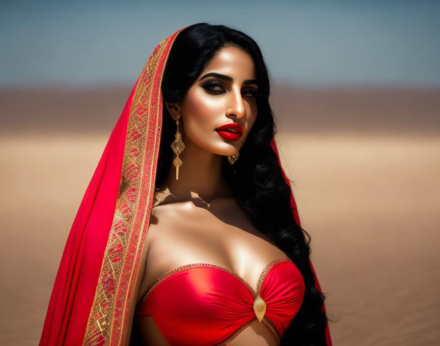 Dark-haired woman in red dress with gold details poses in desert landscape