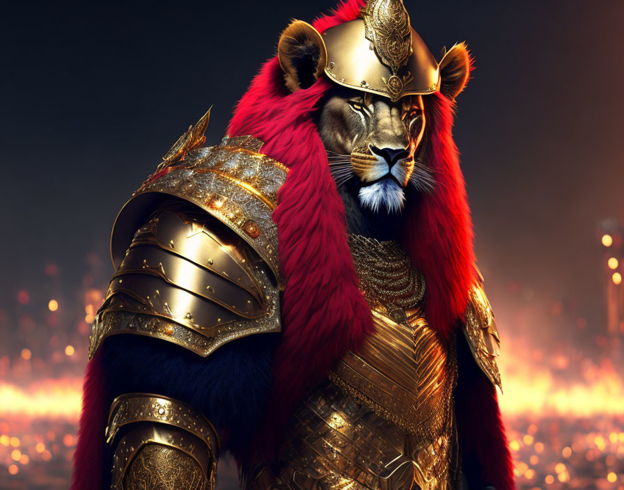 Anthropomorphic lion in golden armor on fiery battlefield