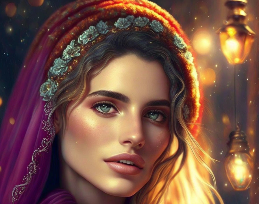 Digital portrait of woman with green eyes, red headband, purple veil, glowing lantern backdrop