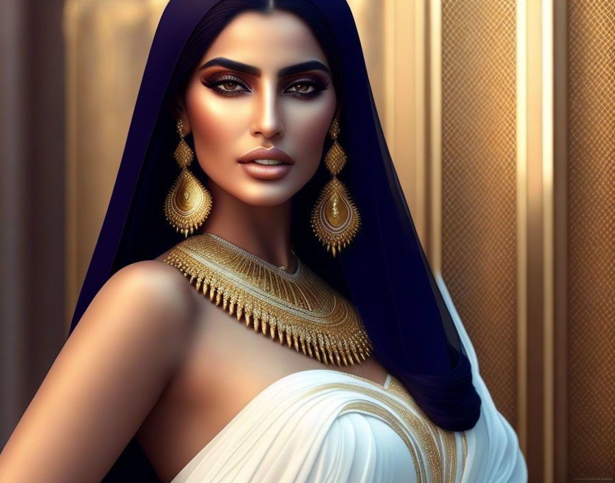 Digital artwork: Woman with dark hair, white and blue garment, gold jewelry on beige background