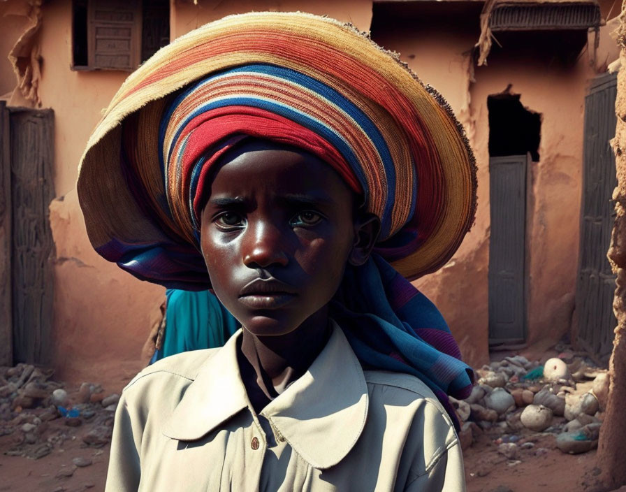 Child in Striped Hat Stands by Mud-Brick House