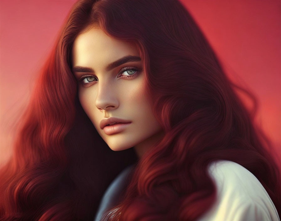 Portrait of Woman with Flowing Red Hair and Striking Blue Eyes on Red Background