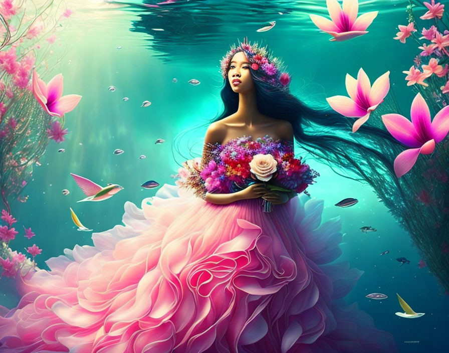 Woman in Pink Floral Gown Floating in Tranquil Water Scene