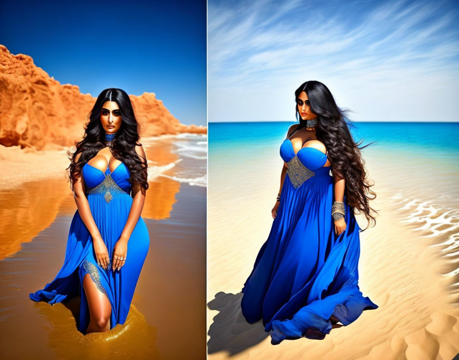 Woman in Blue Embellished Dress in Desert Landscape