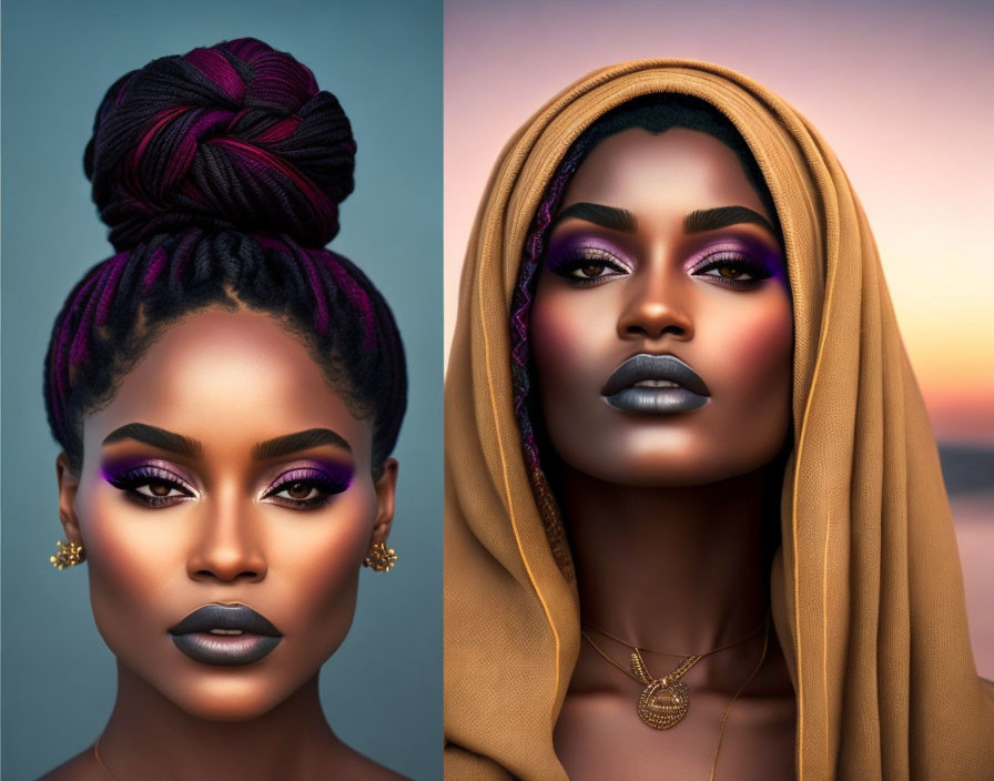 Woman in Striking Makeup: Purple Headwrap vs. Gold Fabric Portrait