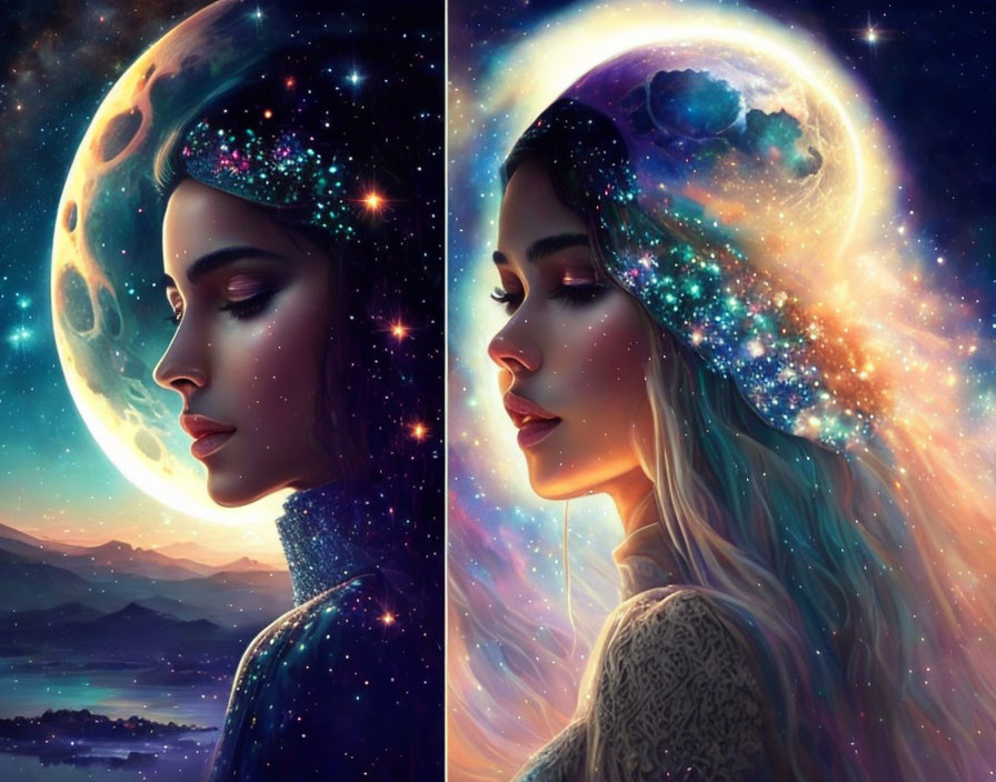 Split-image of serene woman against cosmic backdrop with stars and moon