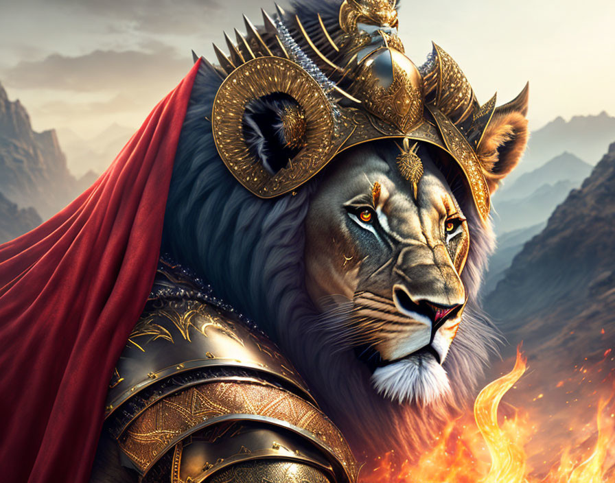 Anthropomorphic lion with golden crown and armor in fiery landscape