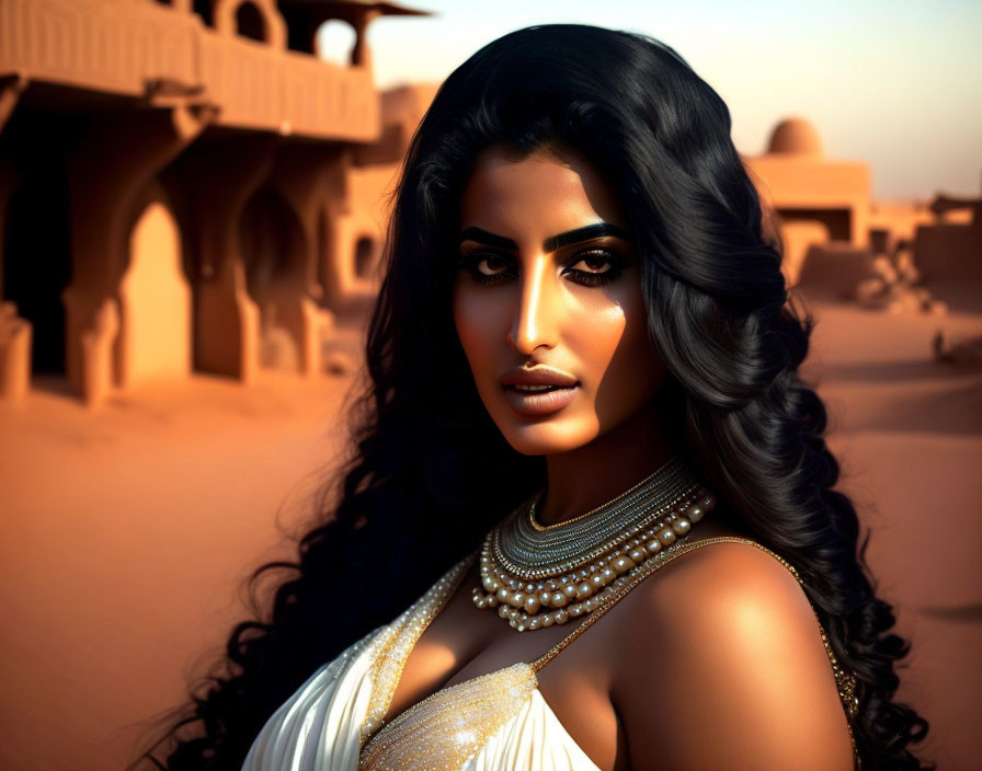 Woman with Black Hair and Pearl Jewelry Poses in Desert Town