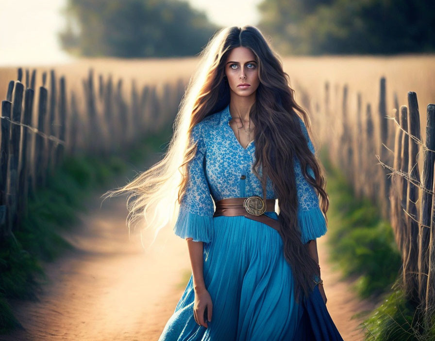 Woman in Blue Dress on Dirt Path with Wooden Fences